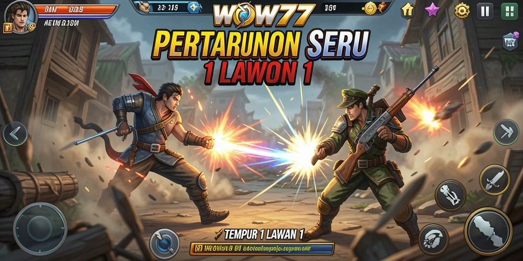 Antarmuka permainan WOW77 dengan karakter bertarung 1 lawan 1.